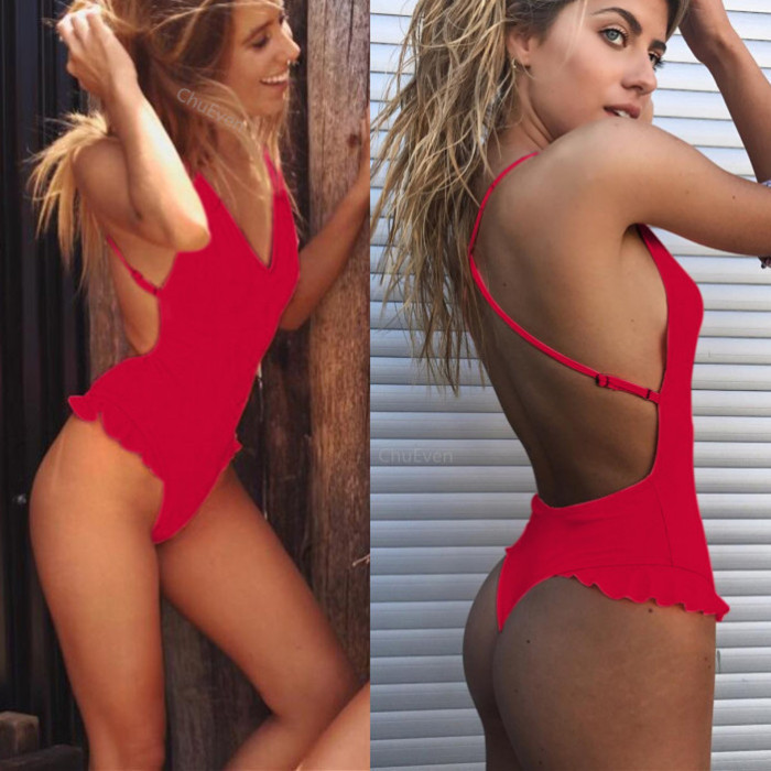 Solid Color Ruffled Backless One-piece Swimsuit