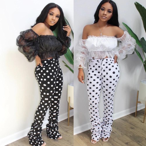 Polka Dot Pleated Pants Mesh Tube Top Two-piece Suit