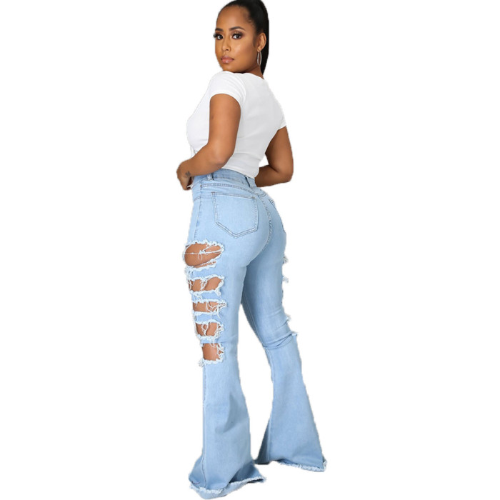 Women Retro Solid Jeans Ripped Flare Jeans