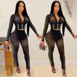 Nightclub Hot Diamond V-neck Long Sleeved Two-piece Suit