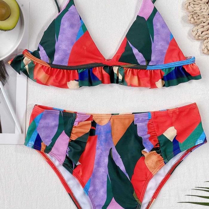 Two-Piece Colorful Ruffles High Waist Swimwear