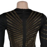 Hot Rhinestone Round Neck Split Long Sleeve Nightclub  Dress