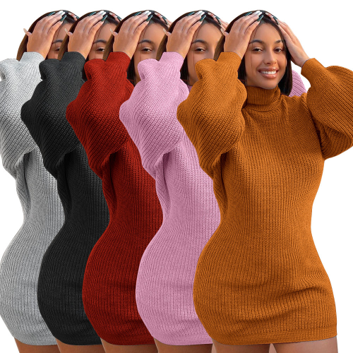 long sleeve turtleneck knitted pullover sweater dress
