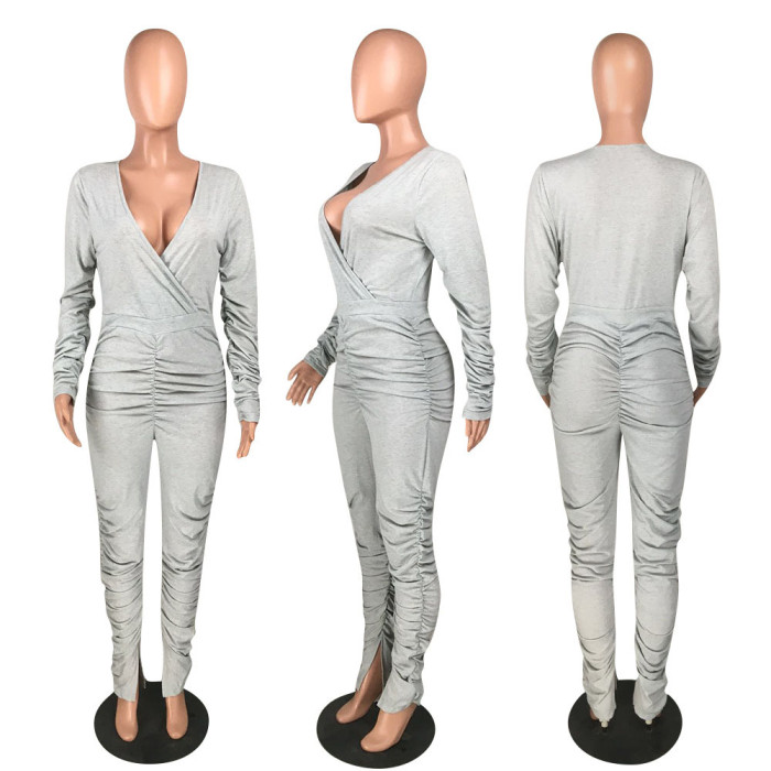 Solid Color Ruffled V-neck Slit Jumpsuit