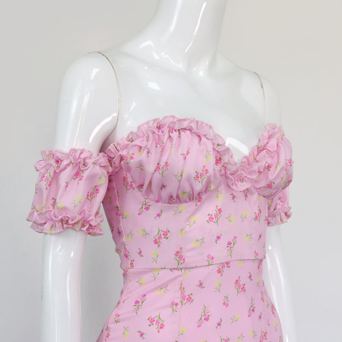 Bohemian Puff Sleeve Strapless Floral Print mid-length skirts women long dress