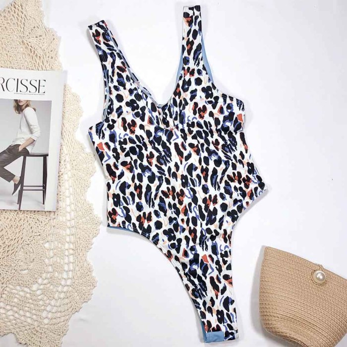 Women Swimwear One Piece Swimsuit Bodysuit Leopard Bather Beachwear