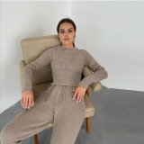 Winter Solid Plain Casual Ribbed Matching Top and Pants Set