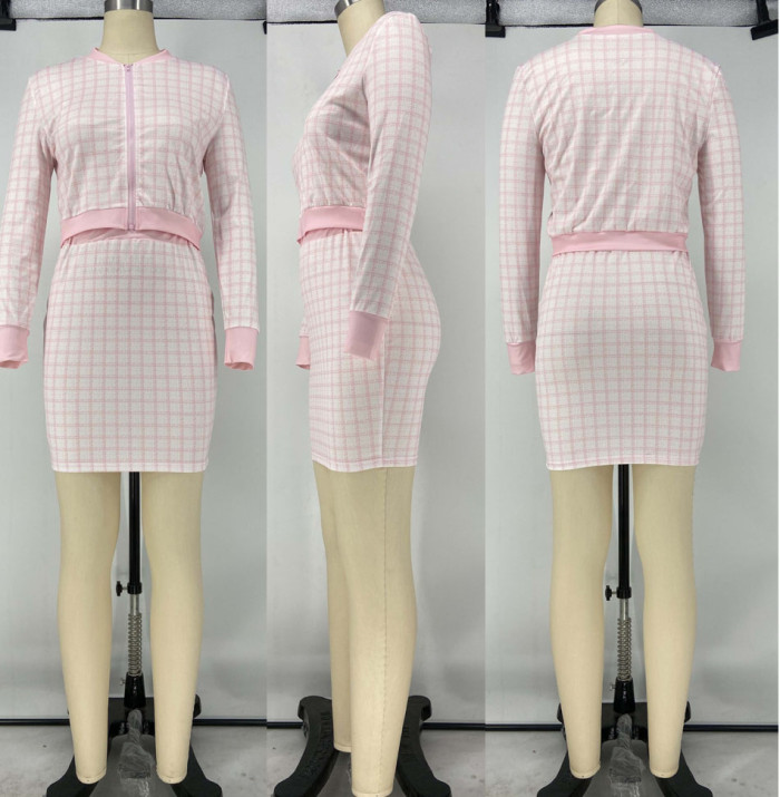 Plaid printed Long-sleeved Zipper Top and hip Skirt Two-piece Suit
