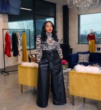 Women High Waist Wide Leg PU Pants With Belt