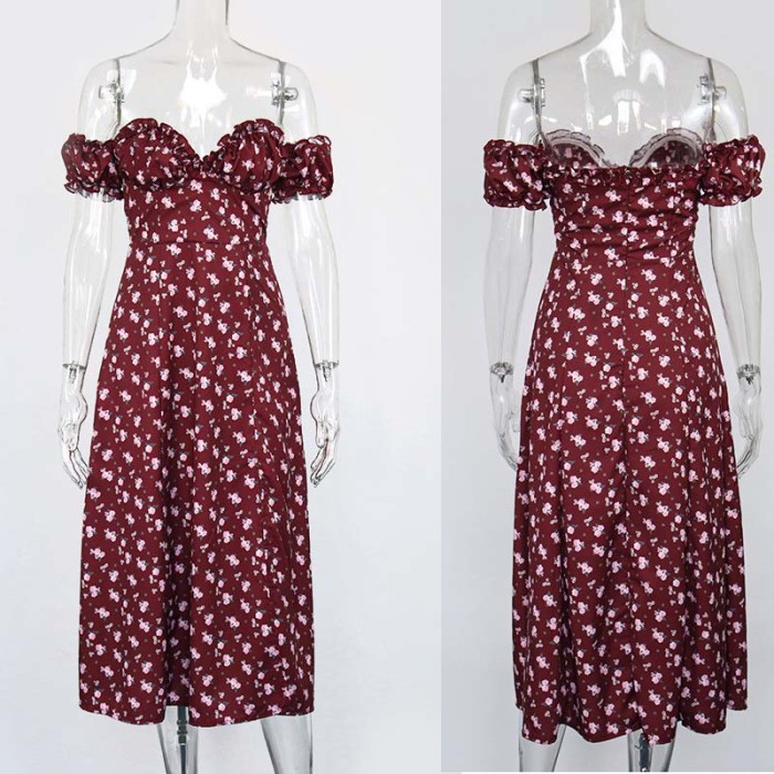 Bohemian Puff Sleeve Strapless Floral Print mid-length skirts women long dress