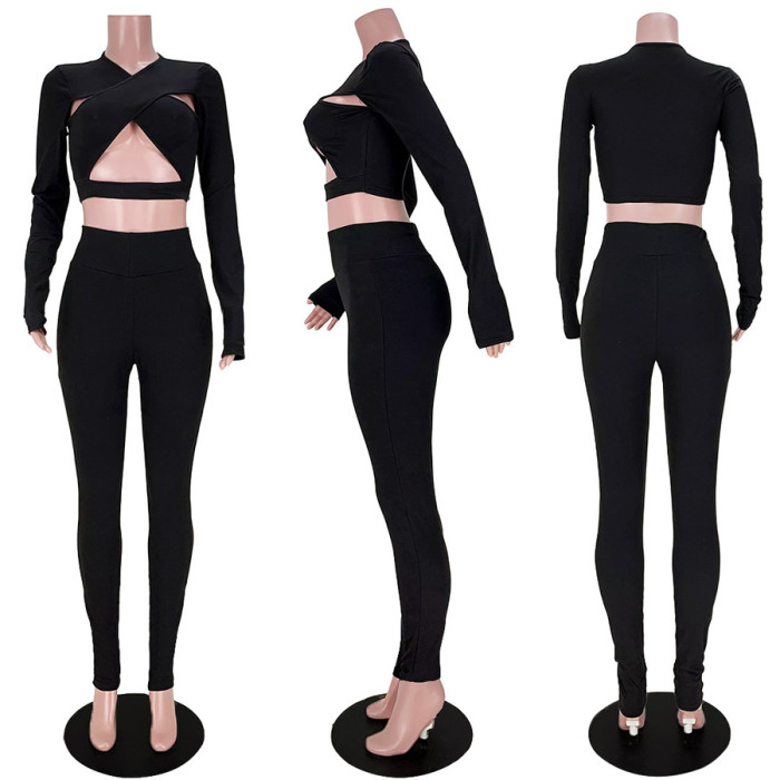 Pure Color Sexy Cross Hollow Sports two-piece Suit