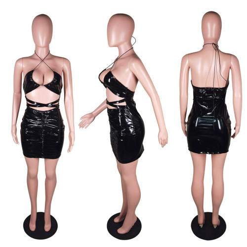 faux pu leather sexy backless mini dress
