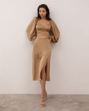 Satin Lantern Sleeve Short Top Split Long Skirt Two Piece Set