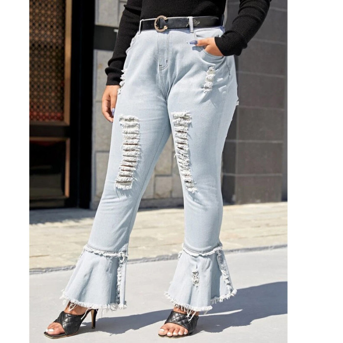 Stitching small flared womens ripped jeans