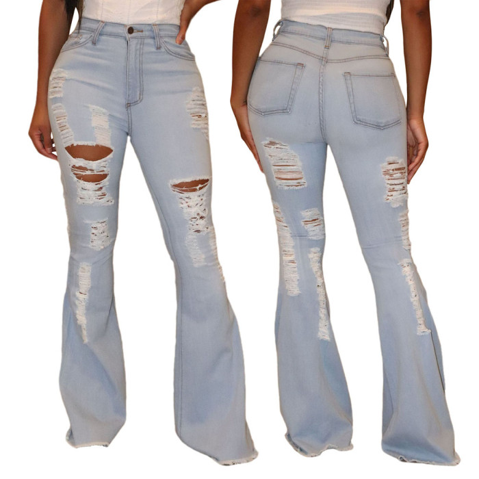Washed Ribbded Stretch Denim Flared Pants