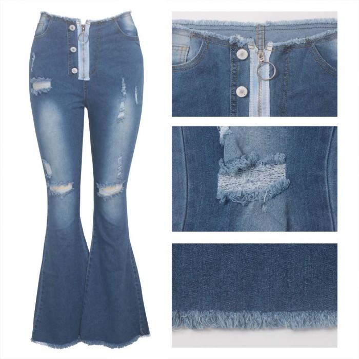 Washed Buttons Decorated Bell Bottom Denim Pants