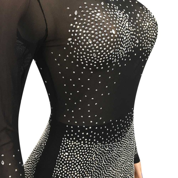 Sexy Round Neck Long-sleeved Nightclub Diamond Perspective Jumpsuit