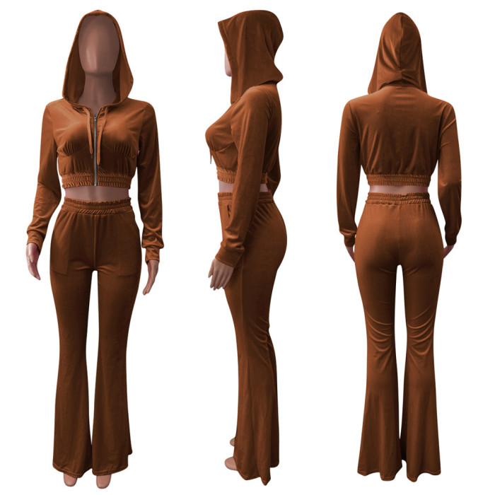 Women Velvet Hooded Wide Leg Pants Sports and leisure Suit