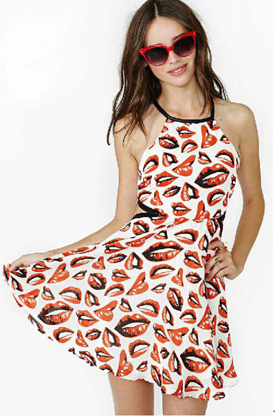 LE3722  Lip Print Sleeveless Vest Skirt Waist Hollow PU Leather Dress