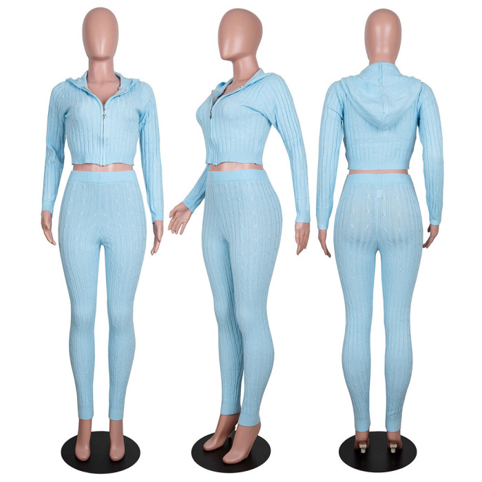 knit crop hoodies and pant two piece sweater suit