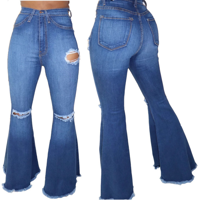 Blue Jeans Distressed Bell Bottom Denim Pants