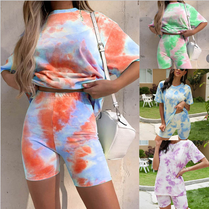 Tie-dyed Loose Casual T-shirt and Tght Shorts Two-piece Suit