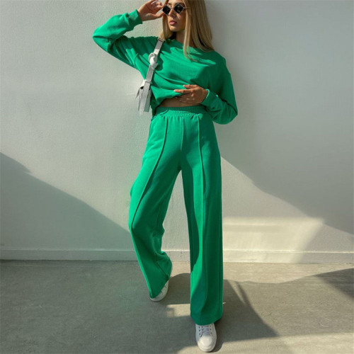 Autumn Solid Color Long Sleeved Round Neck Loose-leg pants Sweater Set
