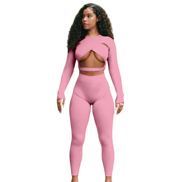 Pure Color Sexy Cross Hollow Sports two-piece Suit