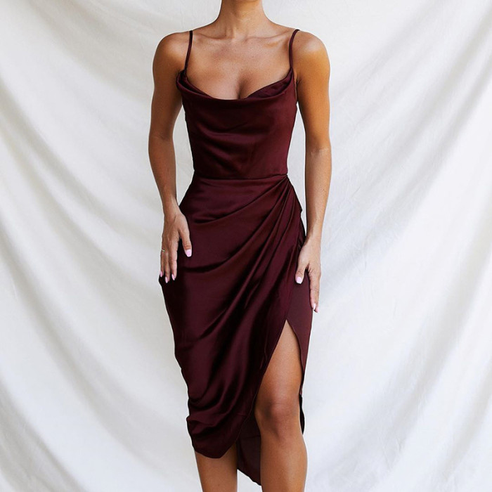 Pure Color Halter Pleated Pile Neck Party Midi Dress