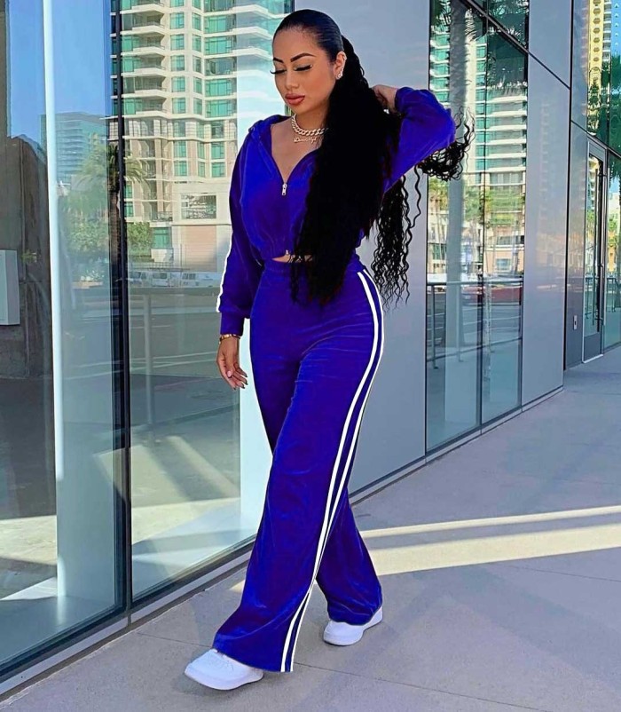 Pure Color Velvet Webbing Stitching Loose Sports Two-piece Suit