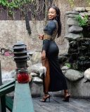 Hot Rhinestone Round Neck Split Long Sleeve Nightclub  Dress