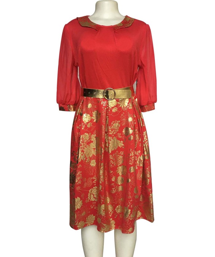 Bronzed Floral Chiffon Sleeve A-line Skirt with Gold Belt Dress