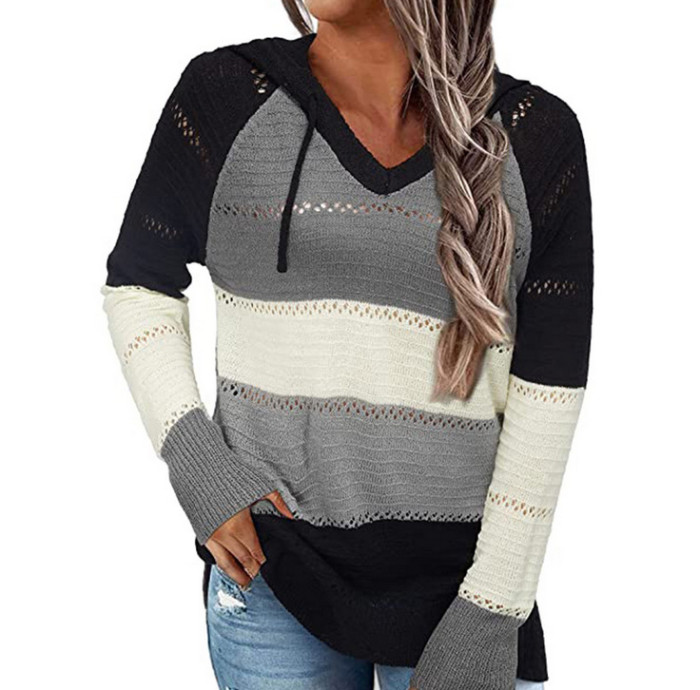 Long Sleeve Loose Hollow Knitted Sweater Hoodie