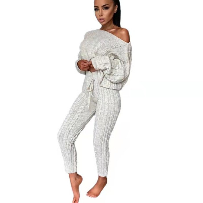 knit off shoulder top and pant 2 piece sweater set