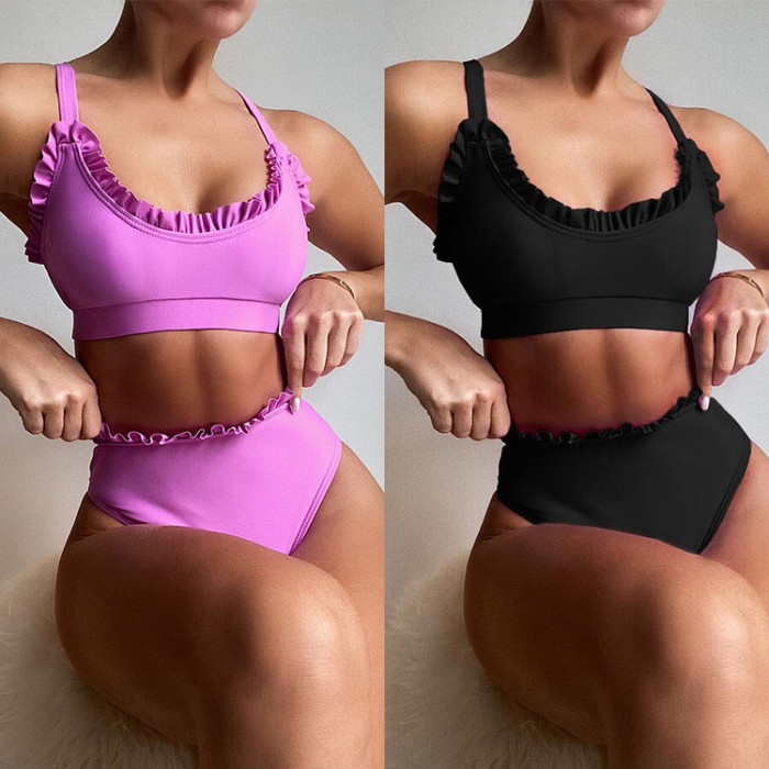 Two Piece Solid Color Ruffles High Waist Swimwear