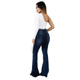Washed Hole Stretch Slim Flare Denim Pants