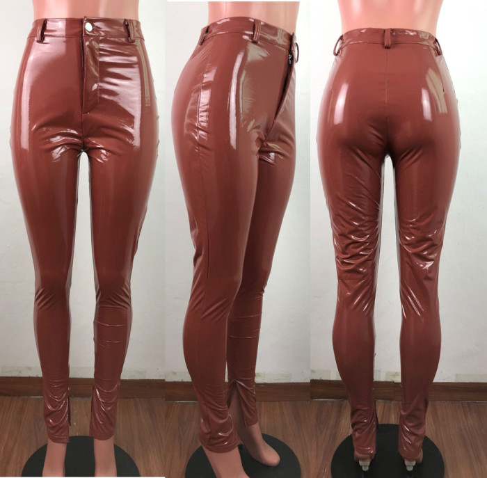 Winter Leather Sexy High Waist Slit Trousers
