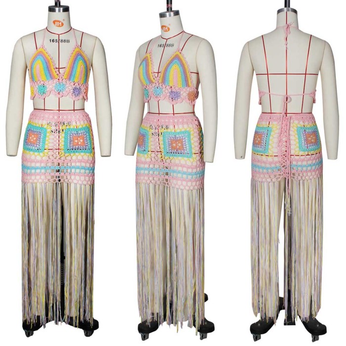 Multi Color Seaside Halter Bra and Tassels Skirt Set