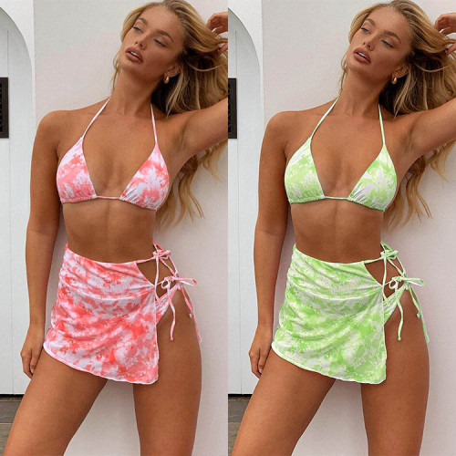 3pack Tie Dye Triangle Bikini Swimsuit & Beach Skirt