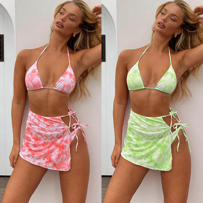 3pack Tie Dye Triangle Bikini Swimsuit & Beach Skirt