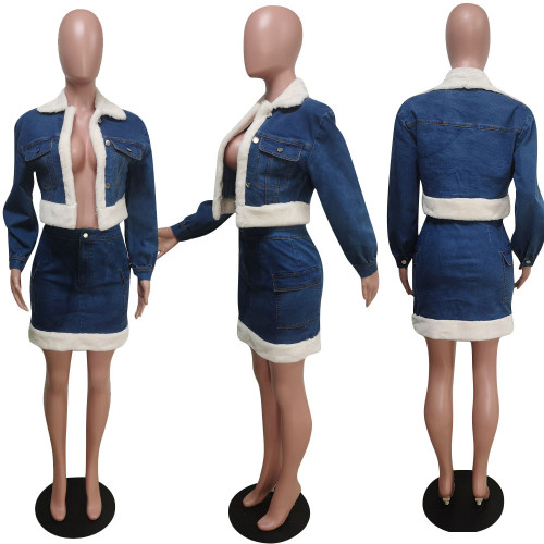 Denim Skirt plush Collar two-piece Suit