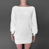 Casual Off-shoulder Lantern Sleeve Knitted Sweater Dress