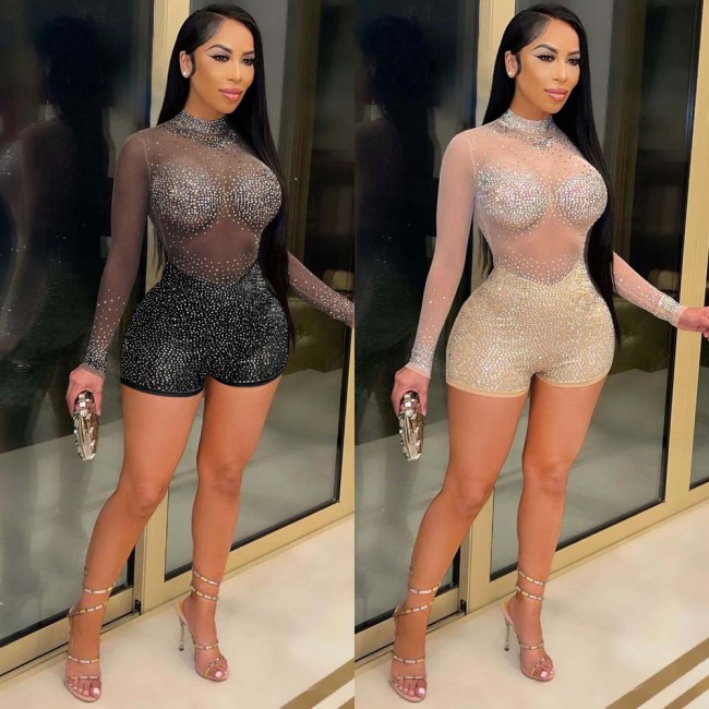 Sexy Round Neck Long-sleeved Nightclub Diamond Perspective Jumpsuit