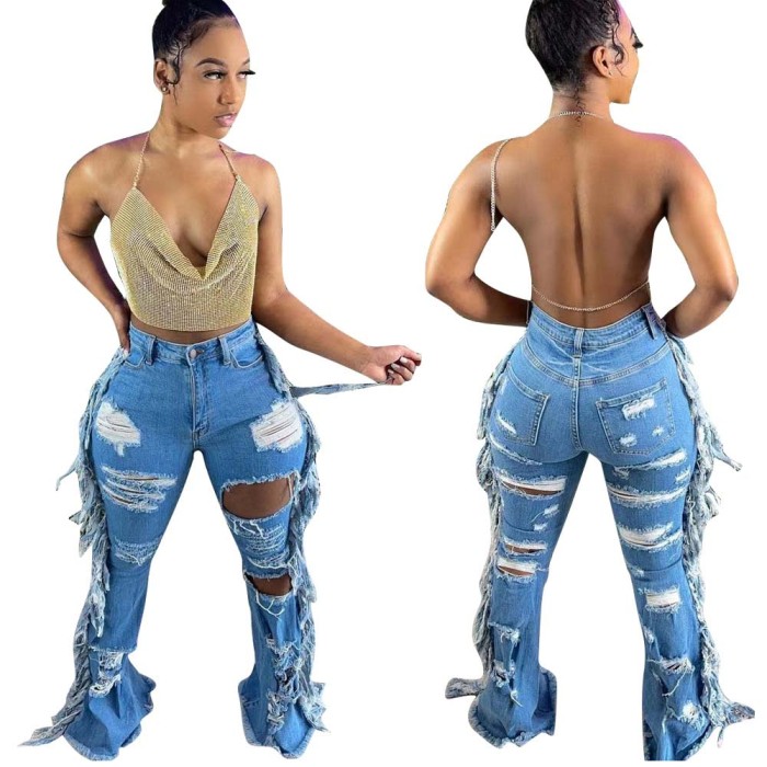 Elasticity Ripped Washed Fringed Jeans