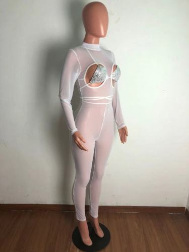 hollow out bra transparent sexy mesh jumpsuit