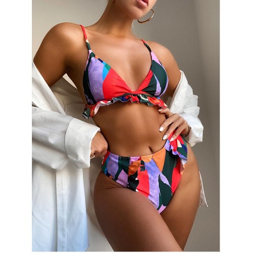 Two-Piece Colorful Ruffles High Waist Swimwear