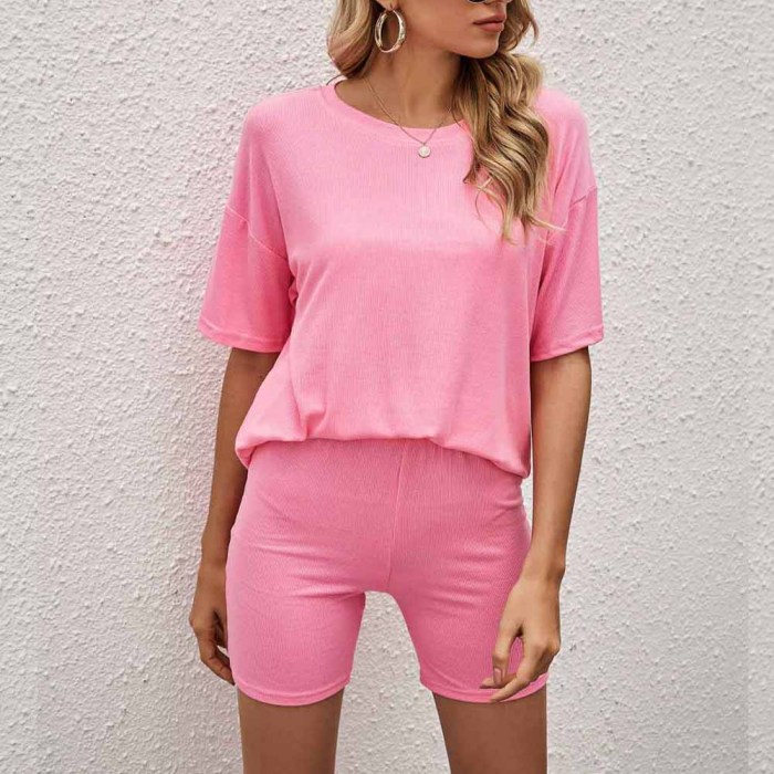 Solid color Ribbed Loose short sleeved T-shirt womens casual short pants two piece
