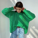 Pure Color Casual Loose Long Sleeve Round Neck Knitted Sweater