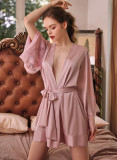 Nightgown] Sexy silk plain lace short sleeve cardigan bathrobe nightgown pajamas dress