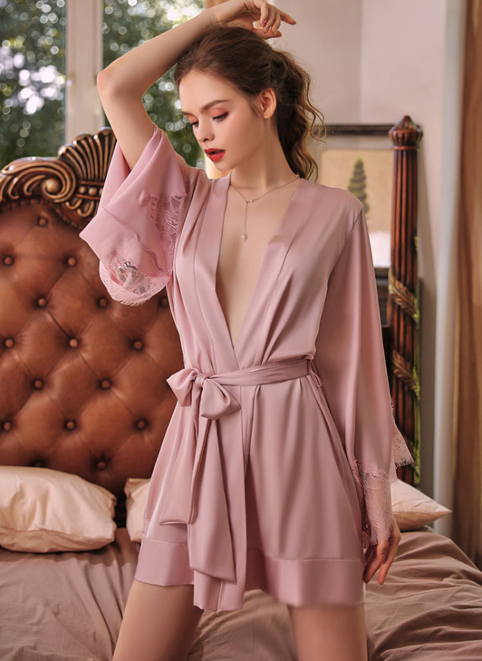 Nightgown] Sexy silk plain lace short sleeve cardigan bathrobe nightgown pajamas dress